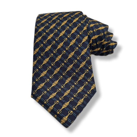 A navy blue necktie with a repeating gold anchor pattern, folded and displayed on a clean white background.
