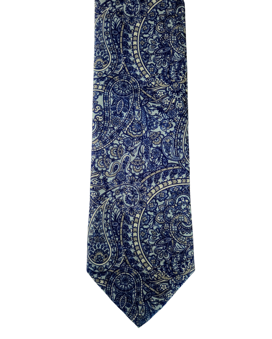 A necktie with an intricate navy blue and gray paisley pattern, shown vertically against a plain white background.