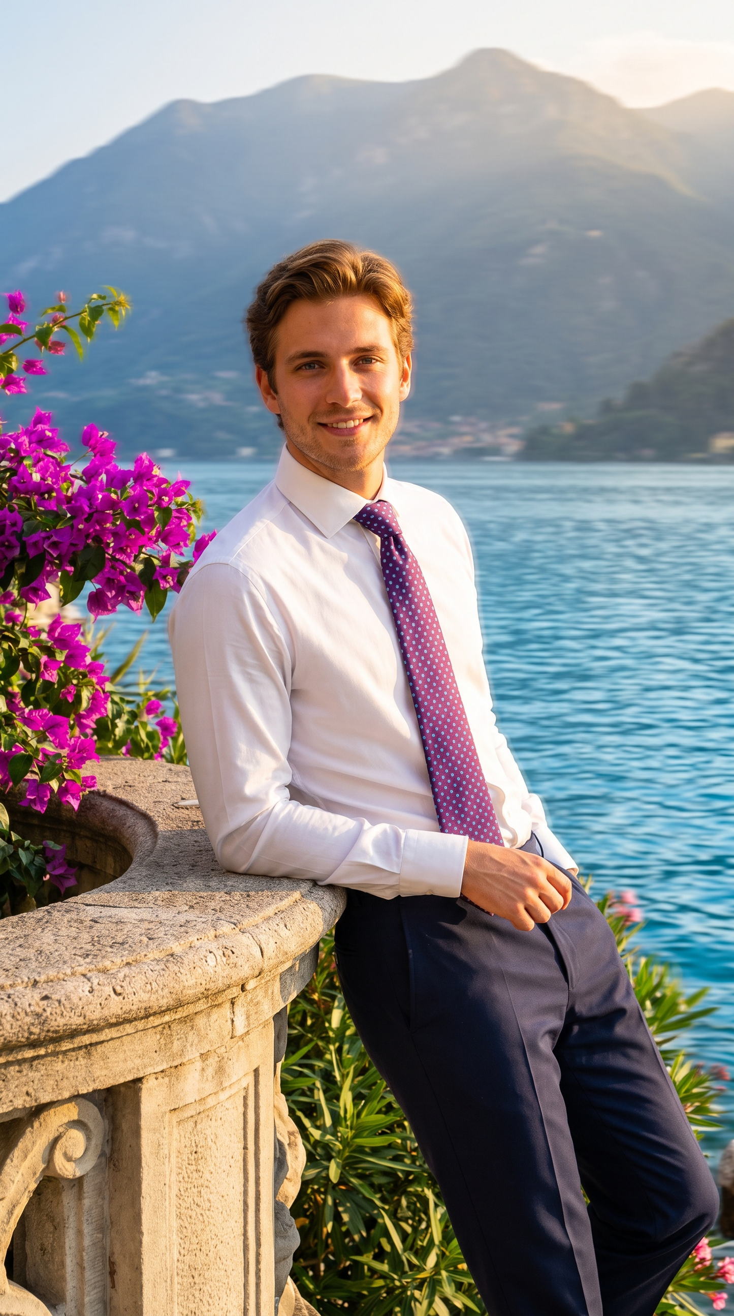 A man in a white dress shirt, purple patterned tie, and navy trousers leans against a stone railing with a scenic lake and mountains in the background.
