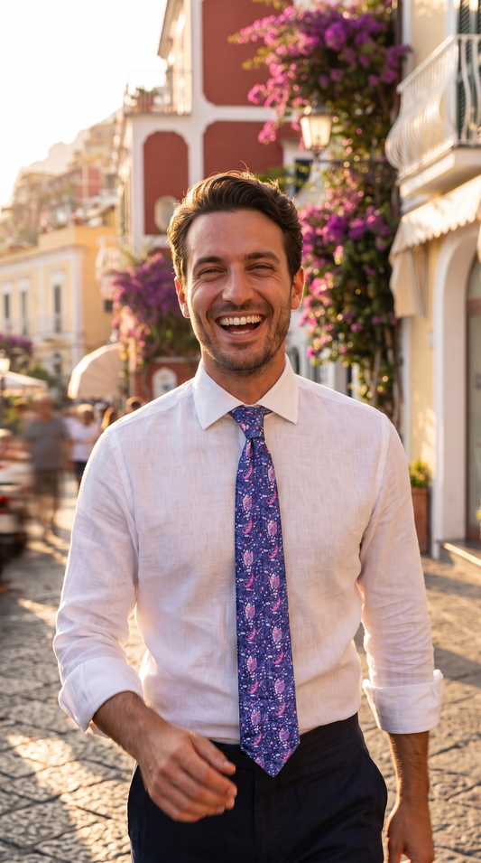 A man smiling and walking down a sunlit European street, wearing a white dress shirt, a purple patterned necktie, and dark trousers.