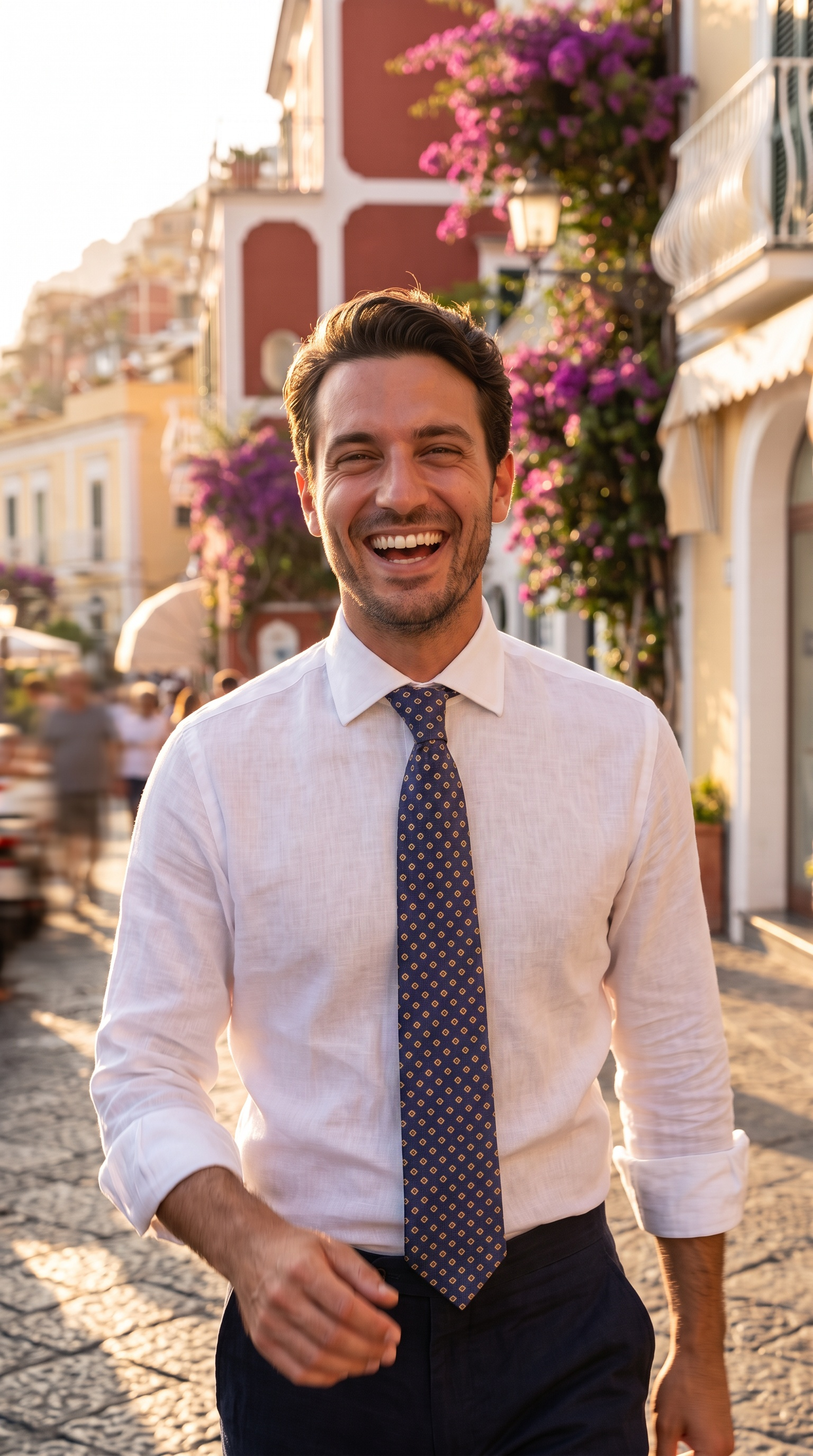 A smiling man wearing a white linen shirt, a navy blue patterned tie, and dark trousers walking down a sunlit cobblestone street with colorful buildings and purple flowers in the background.