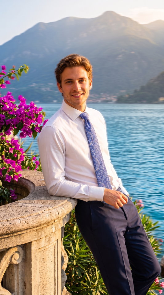A man in a white dress shirt, blue patterned tie, and navy trousers leans against a stone railing with a scenic lake and mountains in the background.