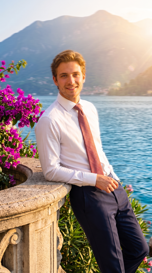 A man in a white dress shirt and patterned red tie leans against a stone railing overlooking a scenic lake with mountains in the background.