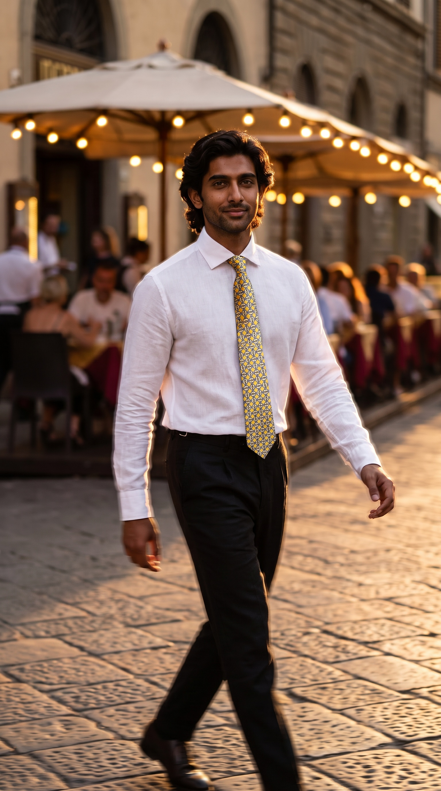 A man walking outdoors in a white dress shirt, black trousers, and a yellow patterned tie, photographed in a warm, softly blurred street or patio setting.