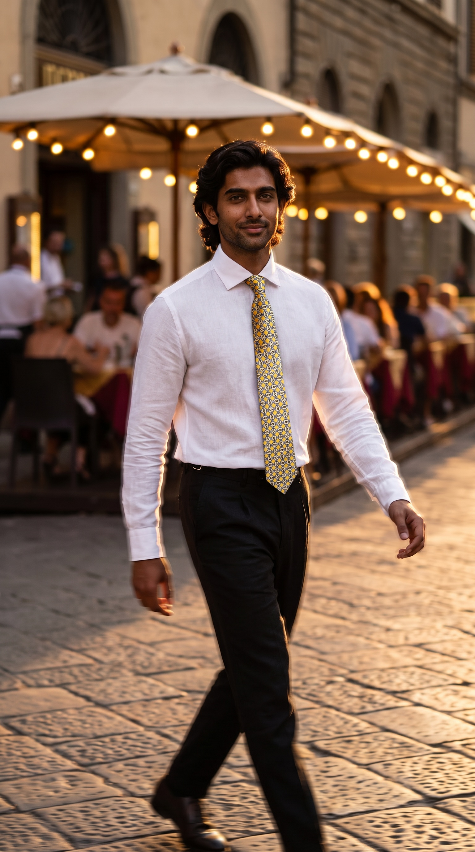 A man walking outdoors in a white dress shirt, black trousers, and a yellow patterned tie, photographed in a warm, softly blurred street or patio setting.