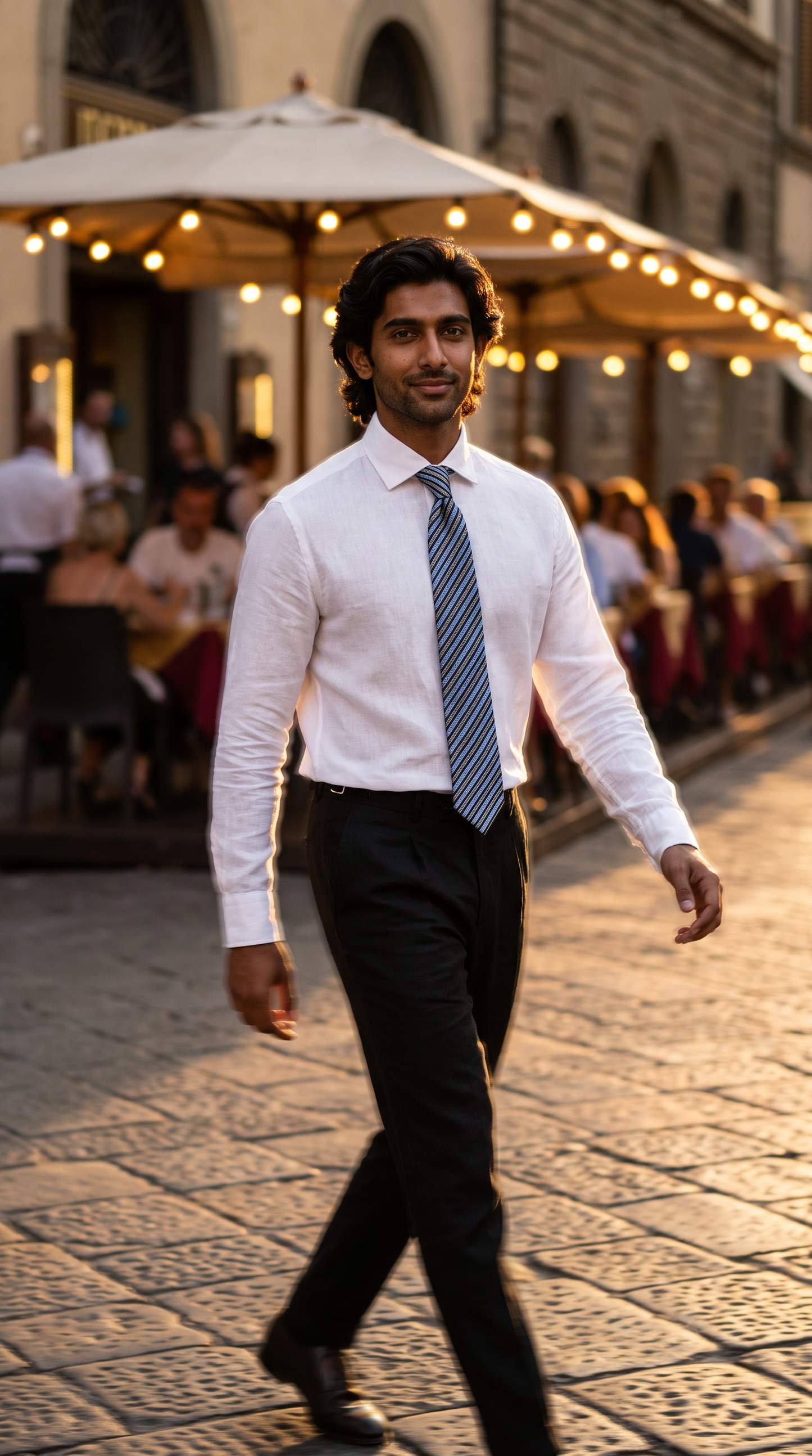 A man walking outdoors in a city street wearing a white long-sleeve dress shirt, a blue and white striped tie, and black trousers, with a blurred cafe or restaurant background.