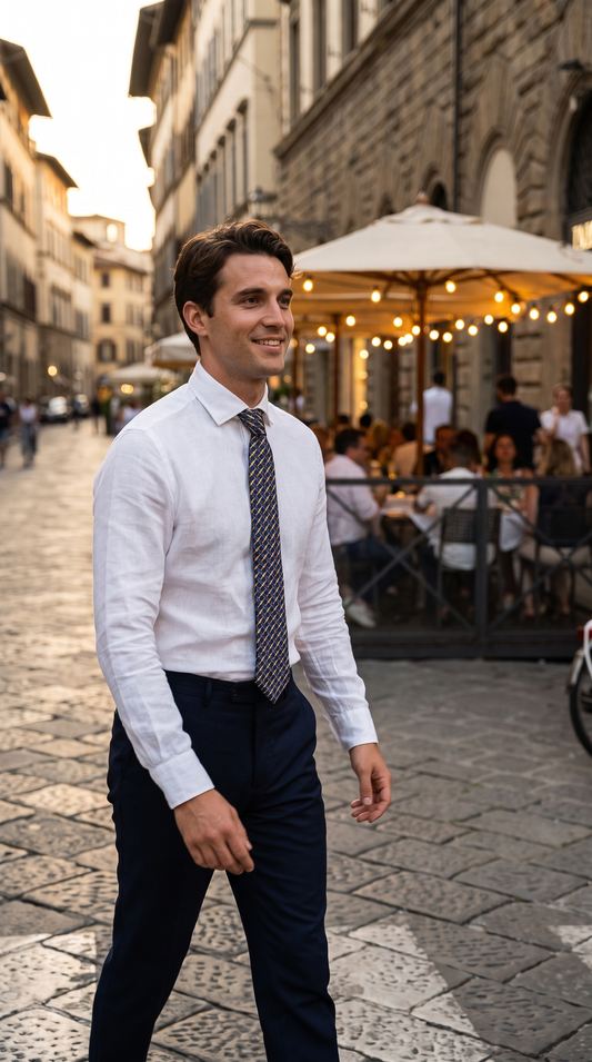 A man wearing a white long-sleeve dress shirt, a dark patterned tie, and dark navy trousers walking on a cobblestone street in an outdoor urban setting with cafe seating in the background.