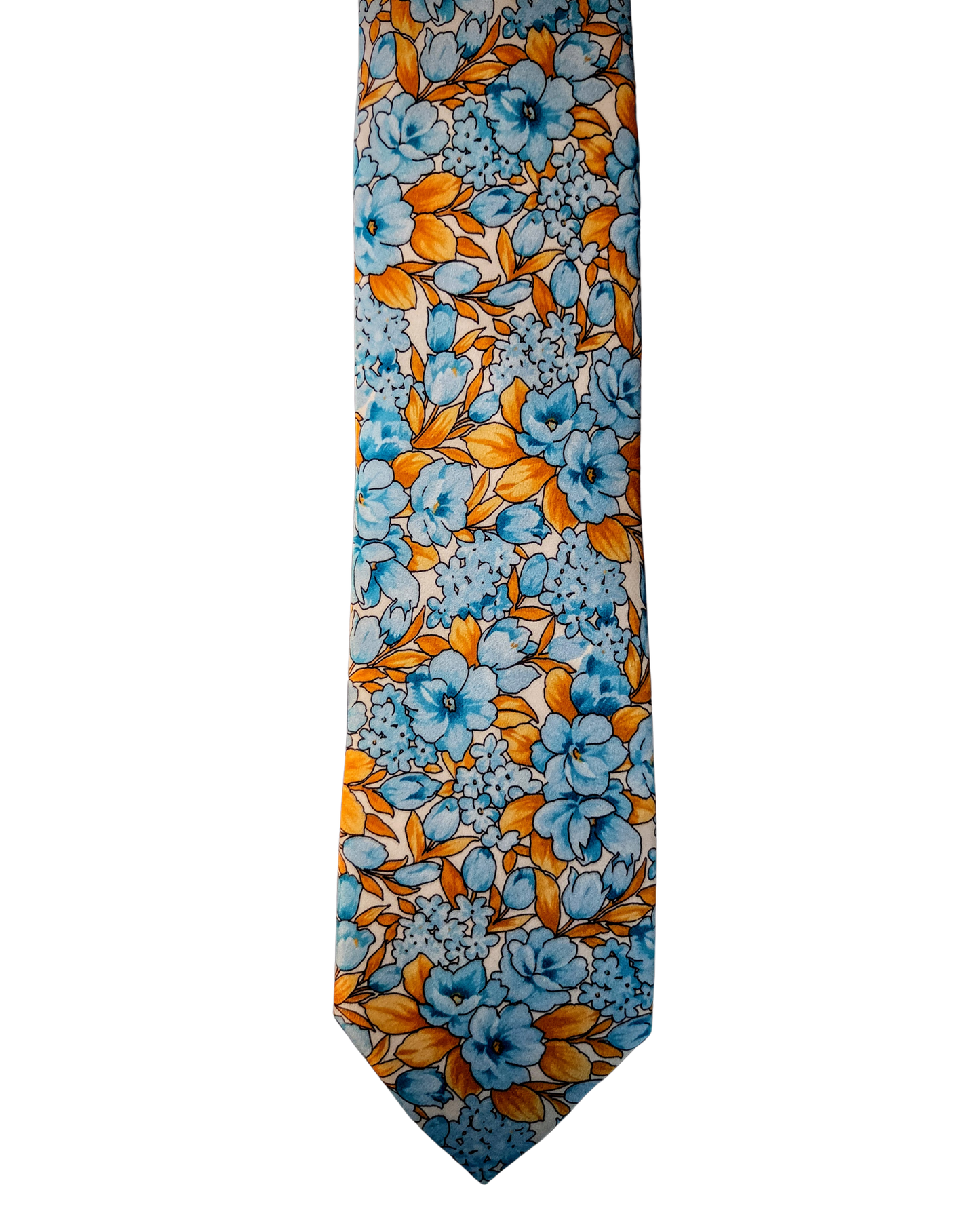 A necktie with a dense floral pattern featuring light blue and orange flowers with dark outlines on a white background.