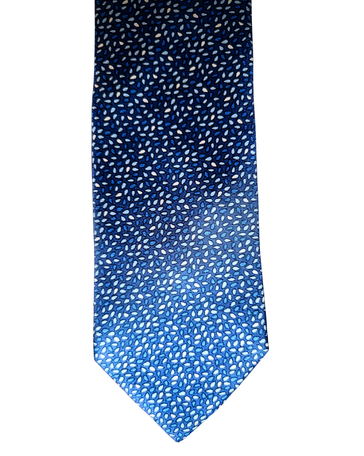 A blue necktie with a dense white and light blue micro-pattern, shown vertically against a plain white background.