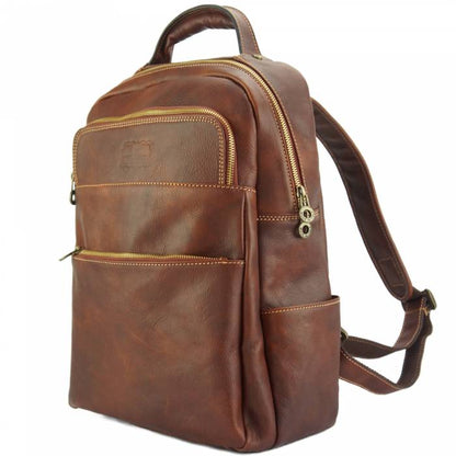 Brown leather backpack on a white background