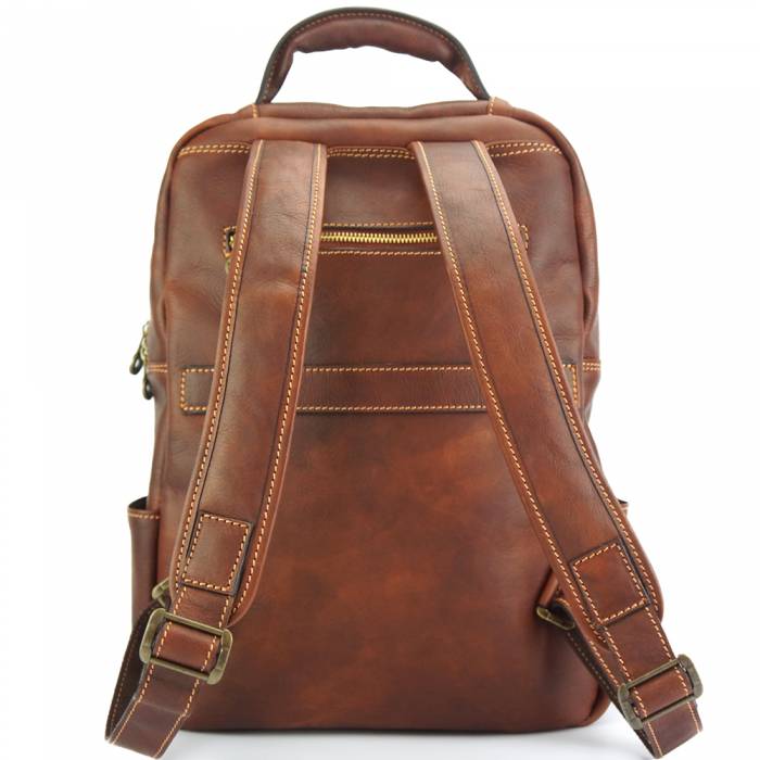 A brown leather backpack shown from the back, featuring dual padded shoulder straps, a top carry handle, and contrast stitching, photographed against a plain white background.