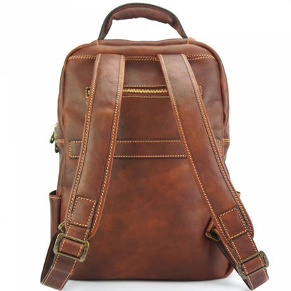 A brown leather backpack shown from the back, featuring dual padded shoulder straps, a top carry handle, and contrast stitching, photographed against a plain white background.