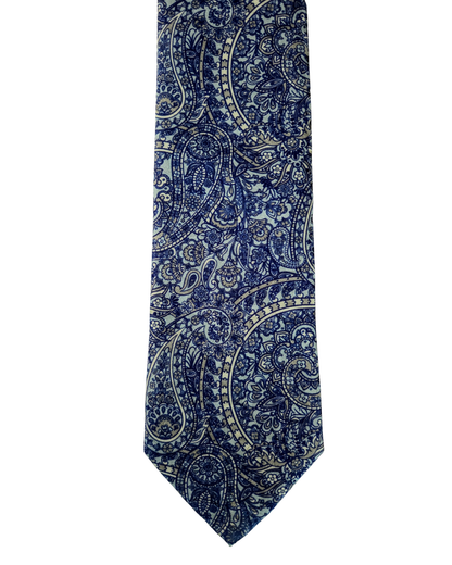 A necktie with an intricate navy blue and gray paisley pattern, shown vertically against a plain white background.
