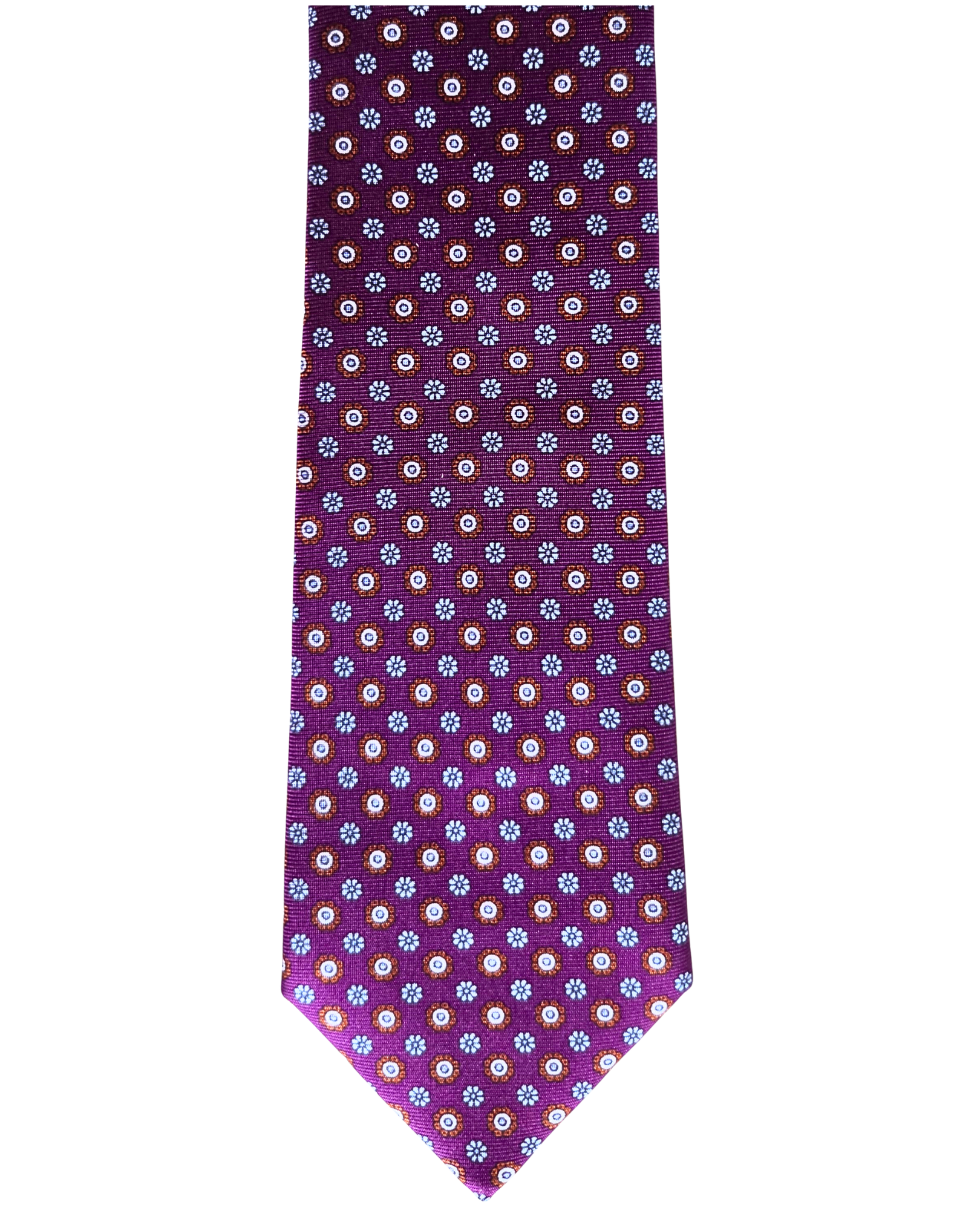 A purple necktie with a repeating pattern of small white, blue, and red floral or starburst motifs, shown flat against a white background.