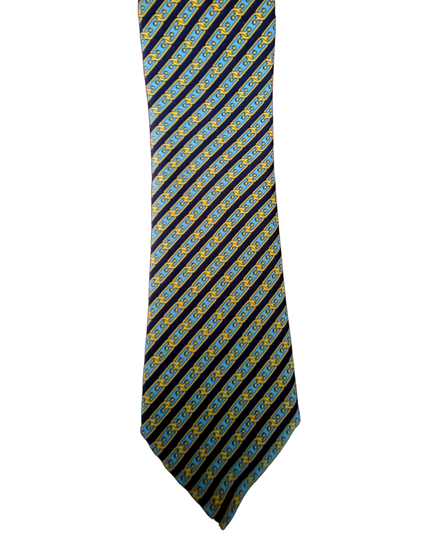 A silk necktie with diagonal stripes in navy blue, black, and gold, accented with small blue and gold motifs.