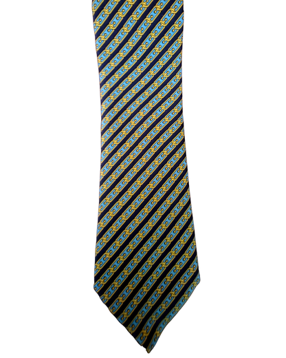A silk necktie with diagonal stripes in navy blue, black, and gold, accented with small blue and gold motifs.