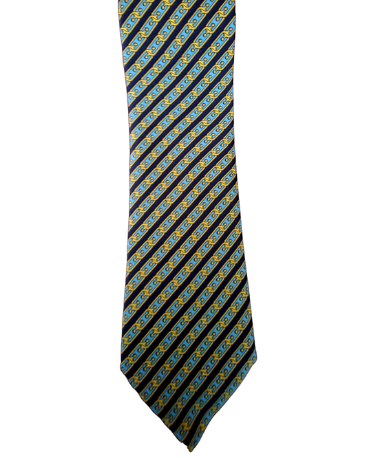 A silk necktie with diagonal stripes in navy blue, black, and gold, accented with small blue and gold motifs.