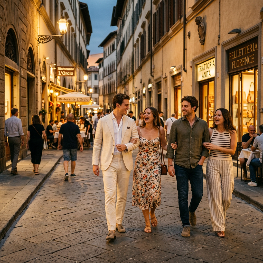 Four people walking and laughing down a cobblestone street in an old European town at dusk, with warm streetlights and shop signs in the background.
